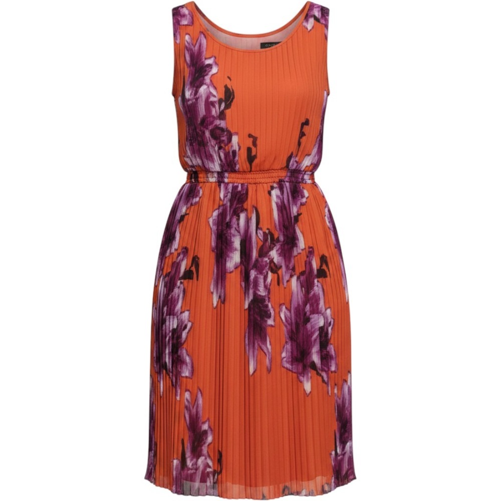 Baraschi Pleated Floral Dress Womens XS Orange Purple Sleeveless Knee Length